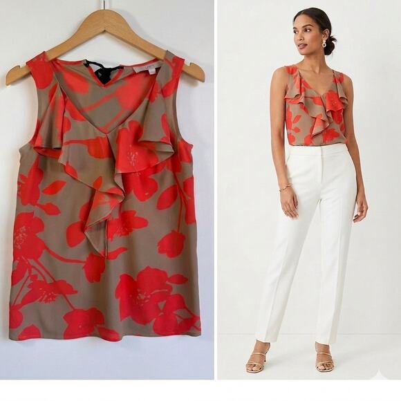 LOFT Tops - Loft XS Tan Orange Floral Ruffle V-Neck Sleeveless Office Casual Spring Blouse
